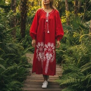 NWT Johanna Ortiz Expedition Cotton Tropical Embroidered Midi Resortwear Dress